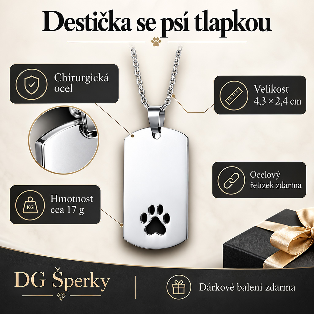 Ocelový přívěsek destička se psí tlapkou (7)